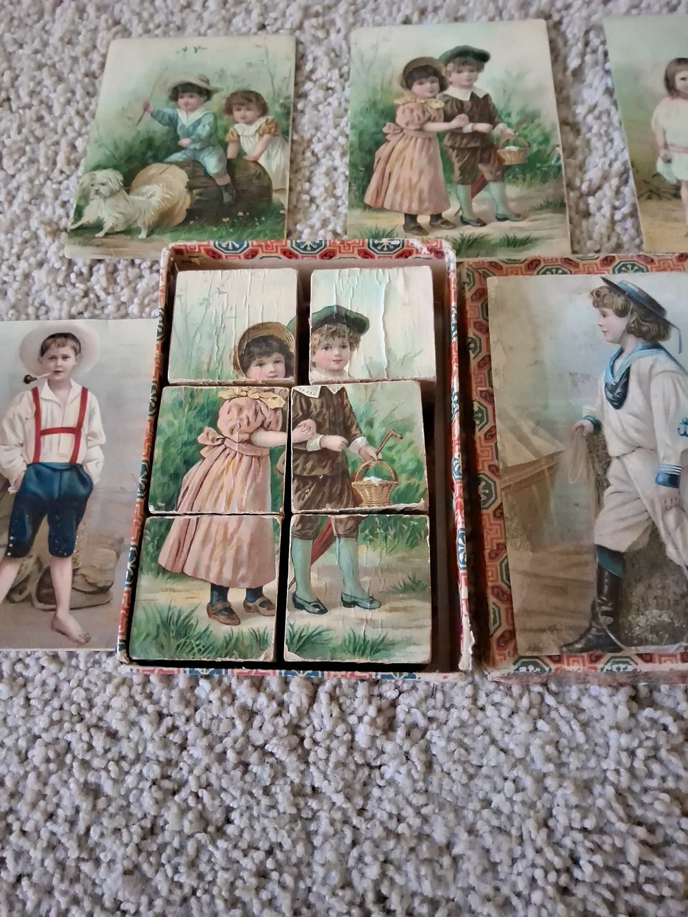 Antique Wood Block Puzzle 6-in-1 Picture Cubes Victorian w/ Box & 5 Guide Sheets